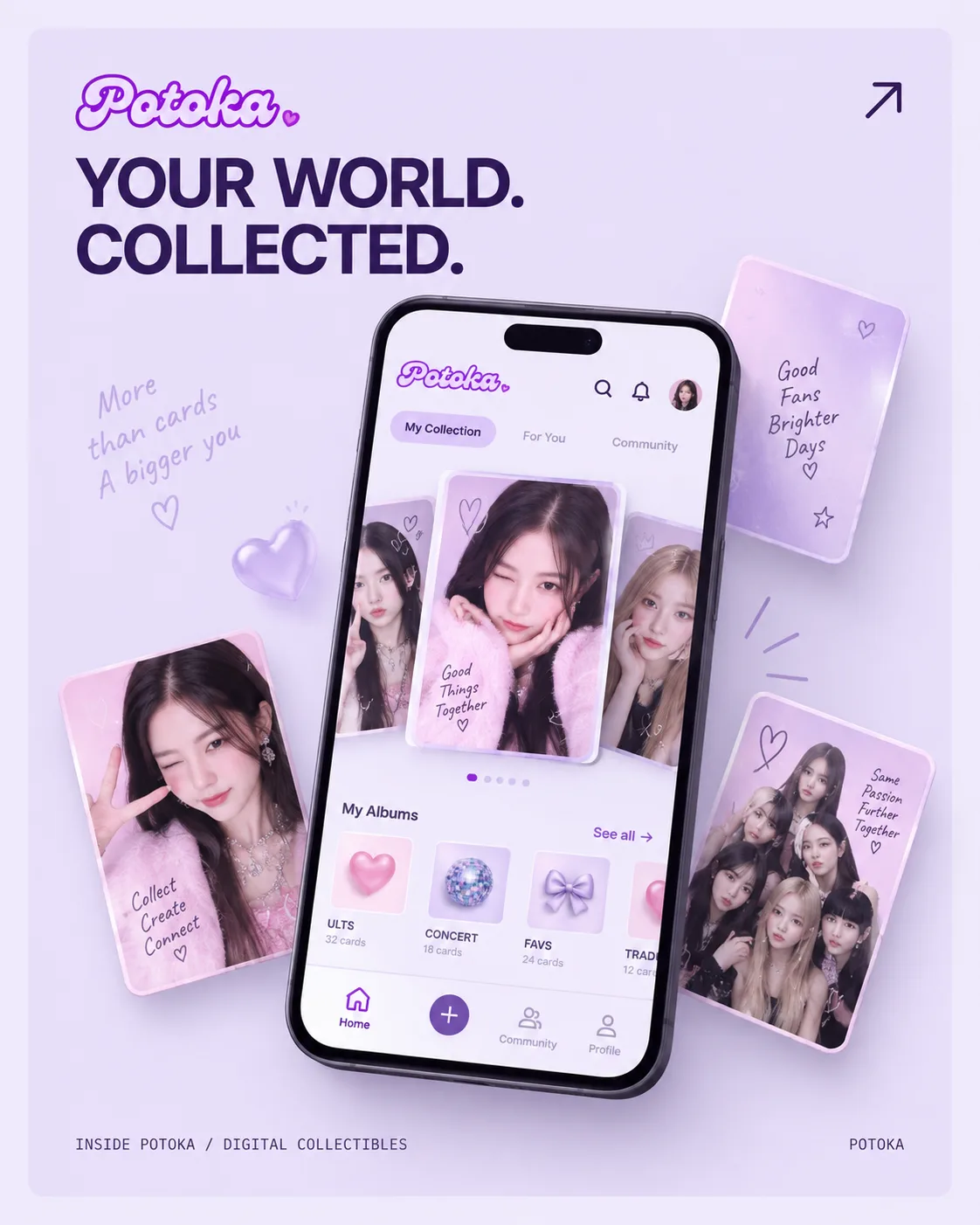 Potoka promotional artwork: Your world. Collected. A phone surrounded by digital collectible cards.
